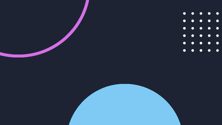 Navy background with purple semi-circle outline in left-hand corner and grid of white small dots in left-hand corner. Blue semi-circle at bottom centr