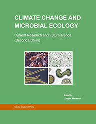 Green book cover where it reads "Climate change and microbial ecology" with microbe pictures