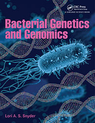 Book cover showing bacteria pics and DNA representations, you can read "Bacterial Genetics and Genomics"