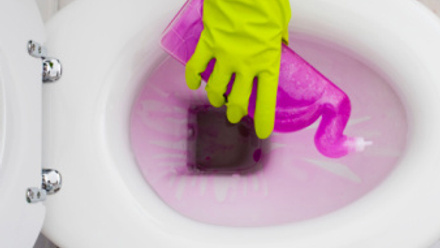 Hand holding cleaning detergent on toilet.