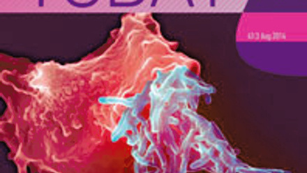 Cover of Microbiology Today magazine in magenta and purple colours with abstract red and cyan shape