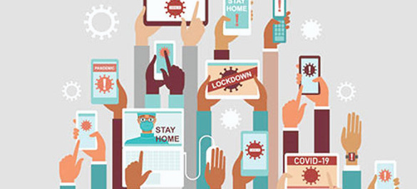 Illustration of arms reaching upwards, pointing towards tablets, phones and a laptop that display COVID-19 related graphics.