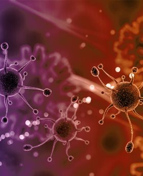 Microscopic illustration of virus-like particles in purple and orange background.