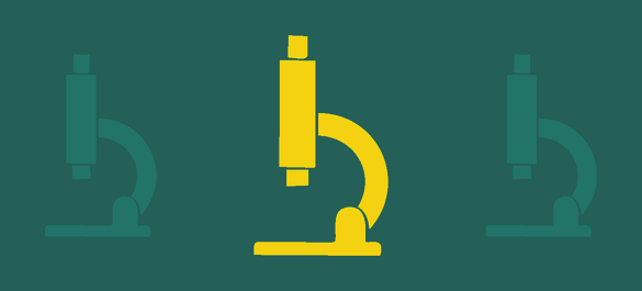 Three microscope icons: centre icon yellow and the others green.