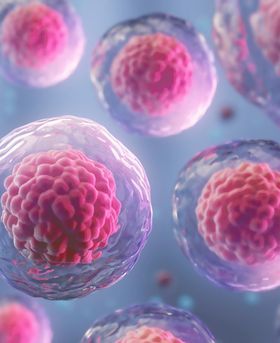 Multiple cells, each with a translucent outer membrane and a dense, textured pink nucleus, floating in a blue fluid background.