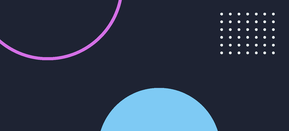 Navy background with purple semi-circle outline in left-hand corner and grid of white small dots in left-hand corner. Blue semi-circle at bottom centr
