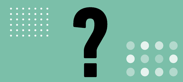 Turquoise background, grid of white dots upper-left and larger spots of different transparency in bottom right-hand, large black question mark centre.