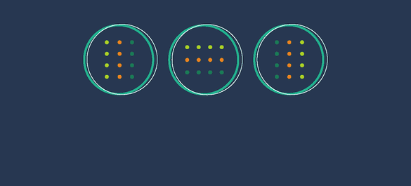 Navy background with three rings, each filled with  rows of yellow, orange and green dots.
