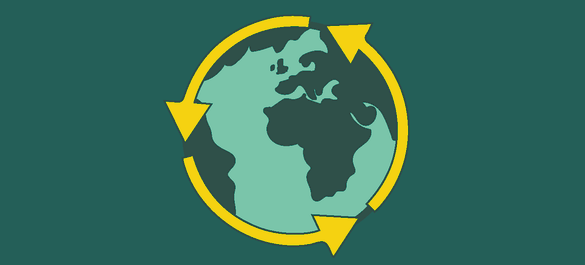 Globe icon, encased by three yellow arrows.