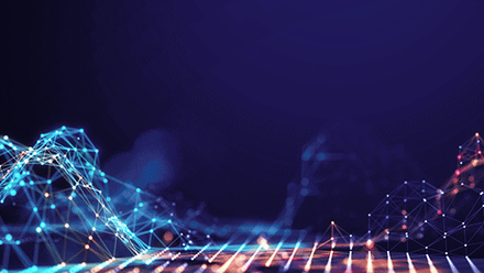 Abstract glowing network of connected dots and lines on a dark blue background, representing technology or data