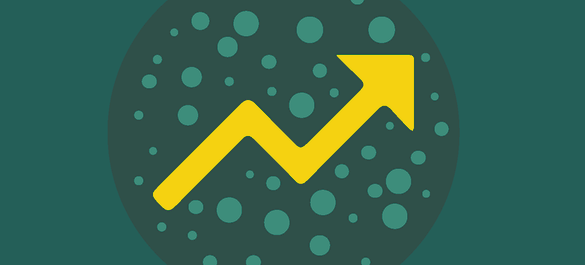 Banner with turquoise background fetauring a centre darker turquoise circle covered in turquoise dots and a yellow crooked arrow.