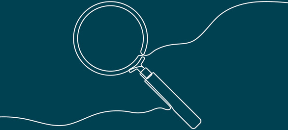 White illustration of a magnifying glass outline in a navy background