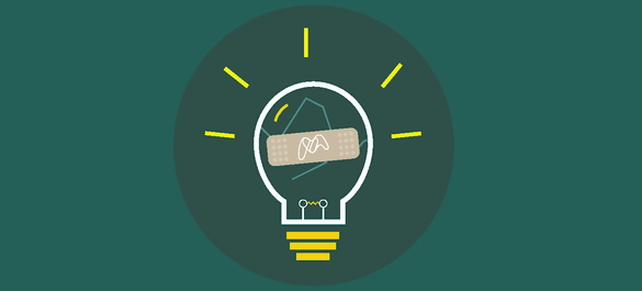 Broken, glowing lightbulb held together by a Microbiology Society plaster.