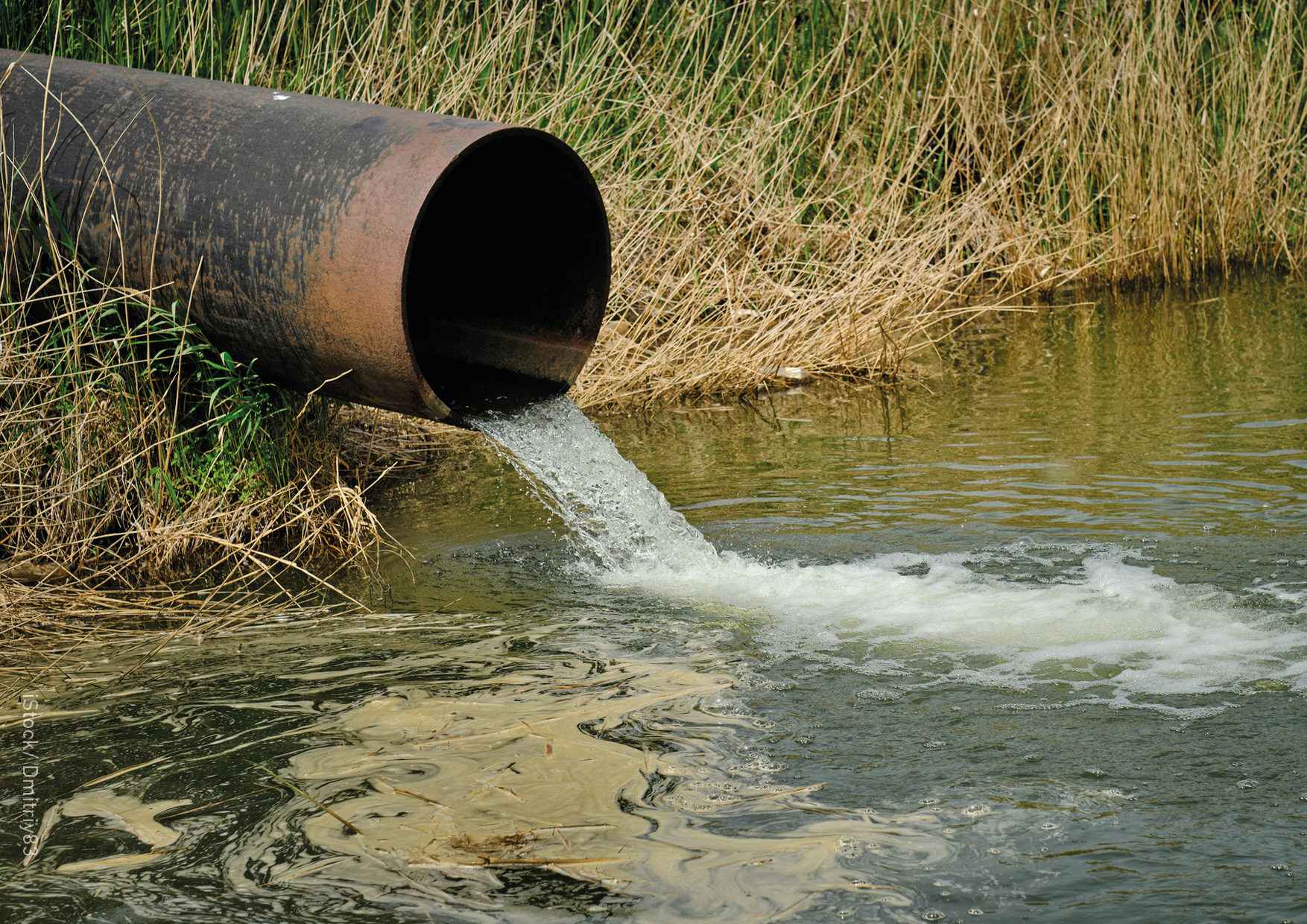 Wastewater pouring out of a tube into a river.