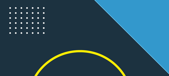 Navy background; grid of white dots left-hand side; light blue triangular corner right-hand side; yellow outline semi-circle bottom-centre.