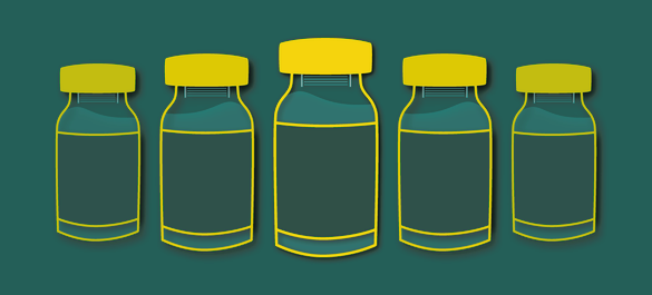 Five lined-up, yellow top vaccine bottles.