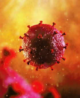 3D red spherical, virus-like particles with multiple strains coming out. Light red/yellow background.