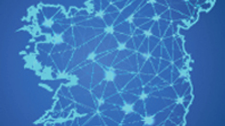 Blue outline of Ireland on a map with interconnecting lines.