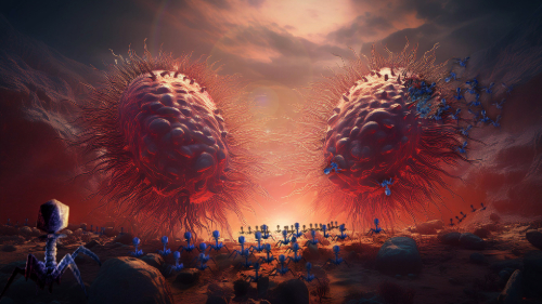 Artistic rendering of two large red bacteria surrounded by numerous blue bacteriophages with geometric heads and leg-like appendages.