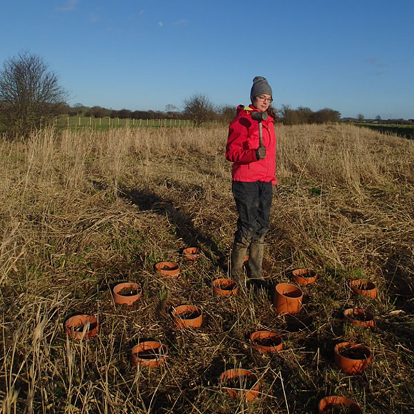 Kelly Mason, research scientist at UK-CEH and co-author on this project, setting up a field experiment to assess the persistence of mineral-stabilised necromass at Myerscough College Farm in Preston