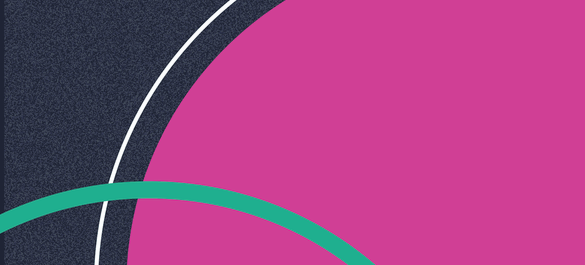 Banner features a section of a large pink circle, encased by a ring of white, with an overlapping turquoise circle outline.