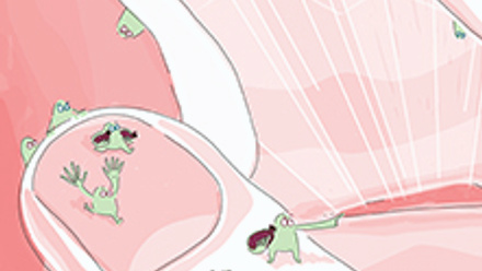 Pink illustration of hands with small green designs scattered across them
