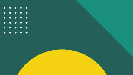 Banner with a dark green background with a grid of white dots in the left-hand corner, a turquoise right-hand corner and a yellow semi-circle, bottom-