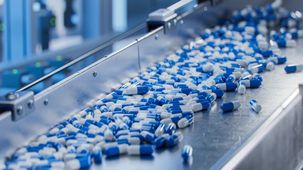Factory producing many blue-white pill capsules.