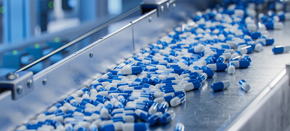 Factory producing many blue-white pill capsules.