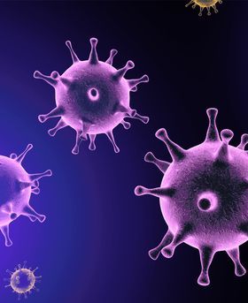 3D illustration of purple virus particles with spike-like projections in a dark blue background.