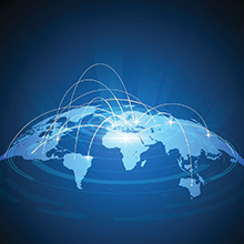 Illustration of a blue world map with connecting lines branching from different countries.
