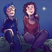 Two people sitting down drawn in a comic style