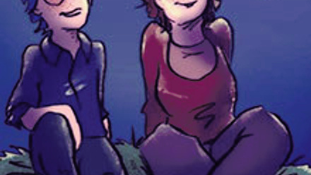 Two people sitting down drawn in a comic style