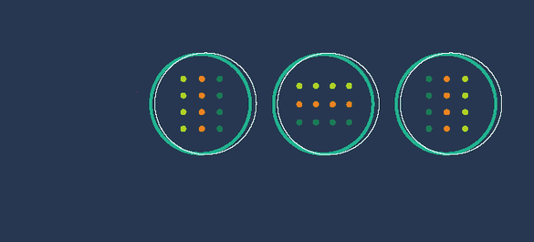 Navy background with three rings, each filled with  rows of yellow, orange and green dots.