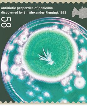 A postage stamp image with penicillin mold in a petri dish. Reading: 