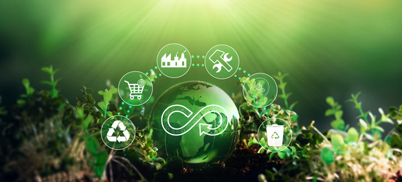 Green globe with an infinity logo, surrounded by recycling icons