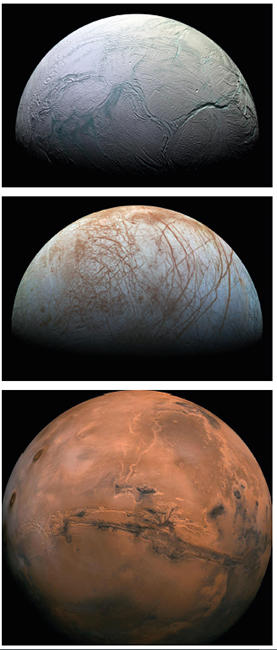 Fig. 1. Enceladus, a moon of Saturn (top), Europa, a moon of Jupiter (middle) and Mars (bottom).