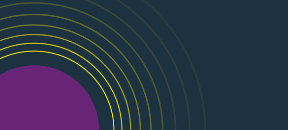 Graphic with navy background with a purple semi-circle in the left-hand corner, with yellow oscillating rings surrounding it.