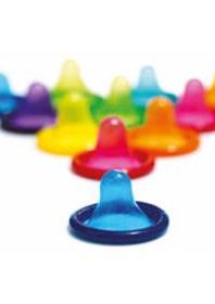 Multiple different coloured condoms.