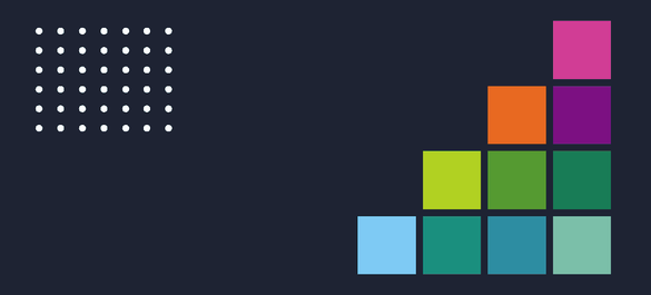 Navy background with grid of small white dots in right-hand corner and an ascending stack of multicoloured blocks on left-hand side.