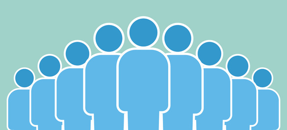 Nine blue people icons lined up with a light turquoise background.