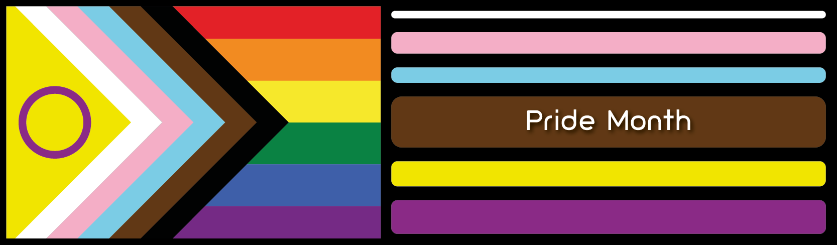 Pride flag with Pride Month written on a striped background