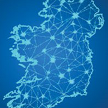 Blue outline of Ireland on a map with interconnecting lines.