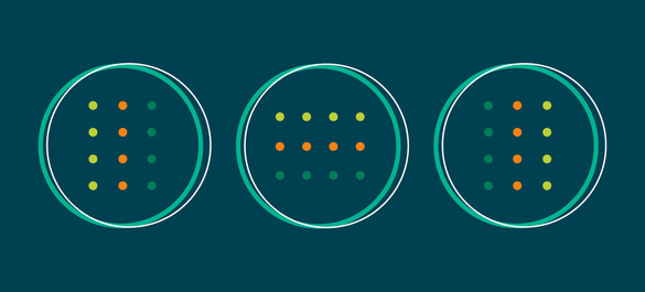Three circles containing a grid of small multi-colored dots arranged in rows and columns with a dark teal background.