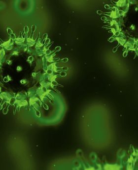 Journal of General Virology cover with multiple green virus particles.