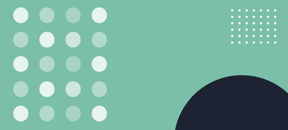 Turquoise background with a grid of dots with alternating transparency; a navy semi-circle bottom right, as well as a small grid of white dots in top