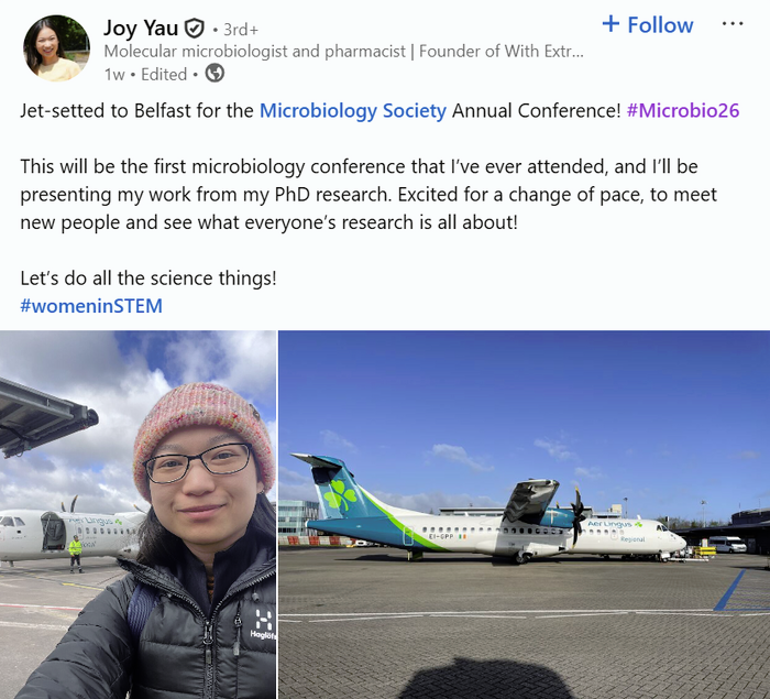 LinkedIn post from Joy Yau jetting to Belfast