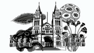 Black and white illustration of the Natural History Museum flanked by surreal oversized protists.