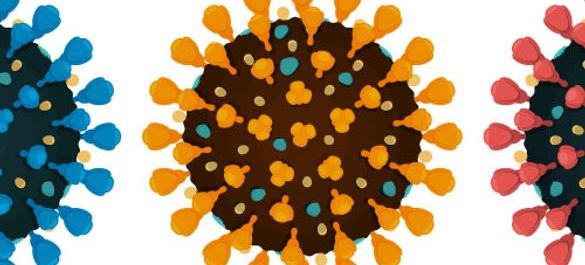 Close-up of blue, yellow and red viruses icons lined up.