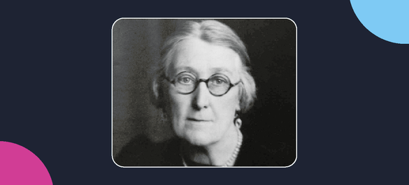 A navy banner cover with a pink/blue shapes and a photo Marjory Stephenson.